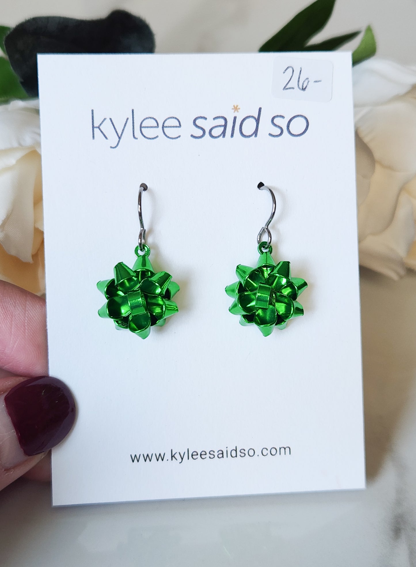 Green Holiday Bow Dangle Earrings