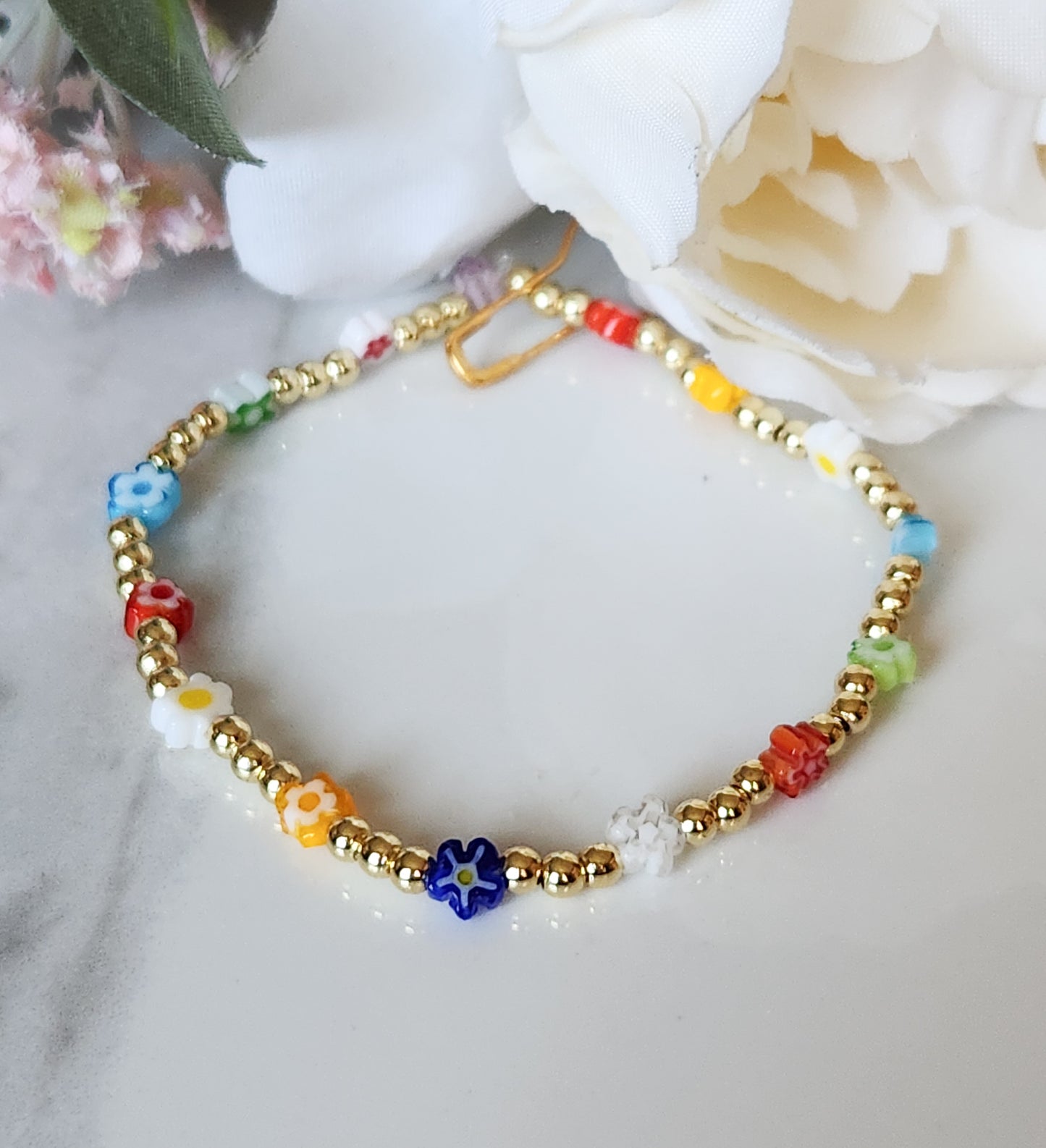 Gold Filled & Flower Beaded Stretch Bracelet