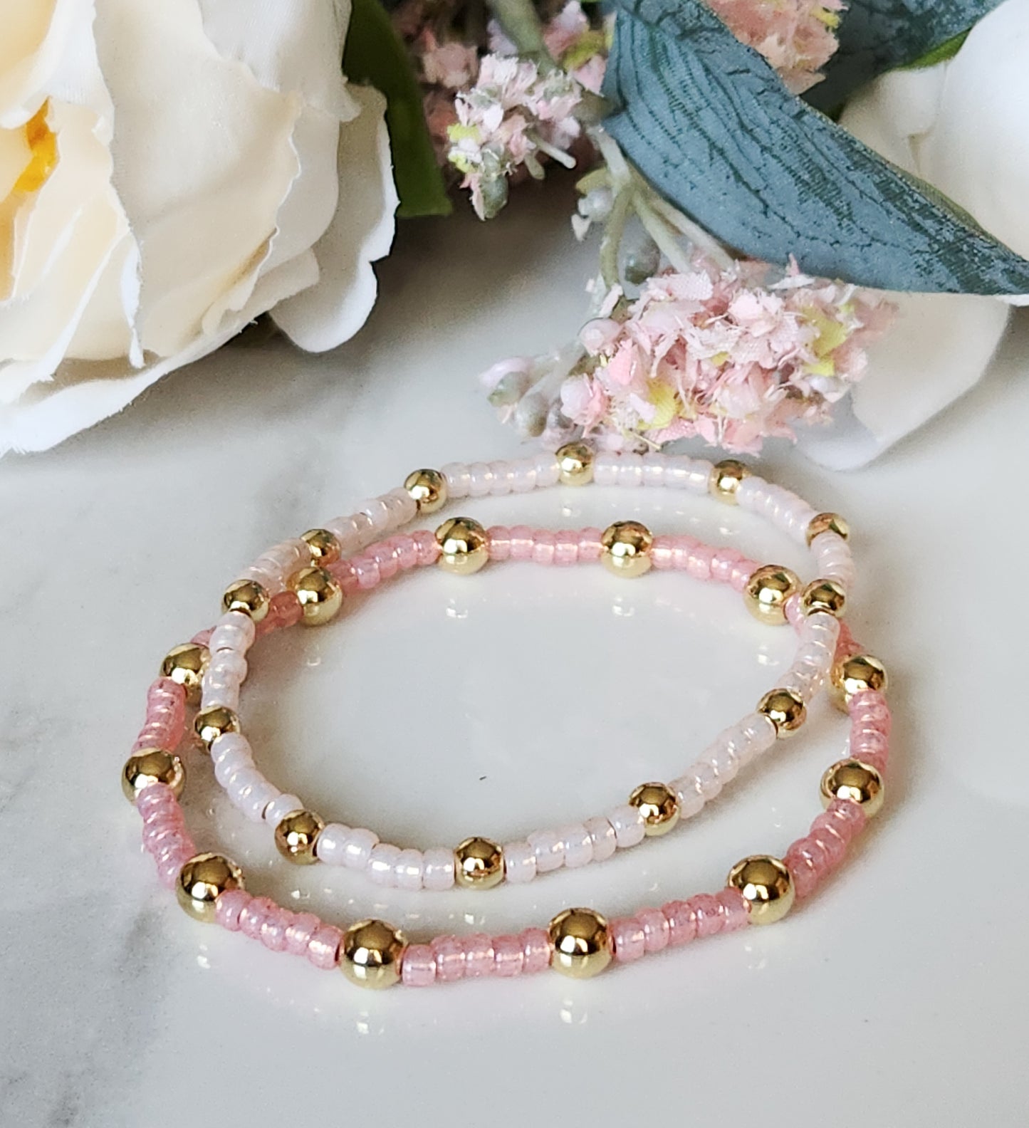 Pink & Gold Beaded Stretch Bracelet