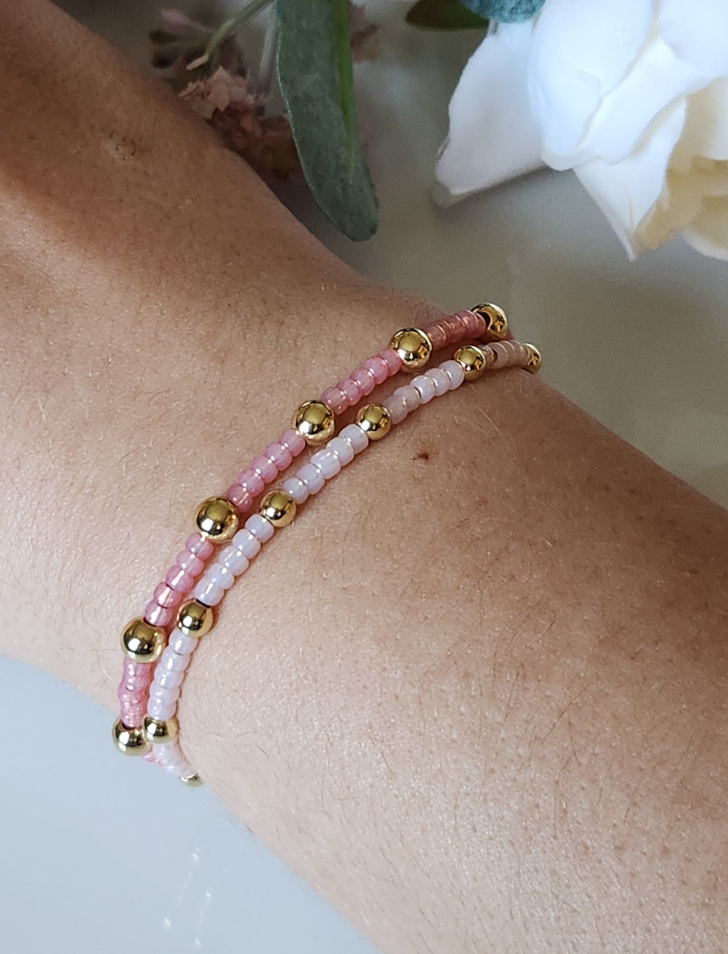 Pink & Gold Beaded Stretch Bracelet