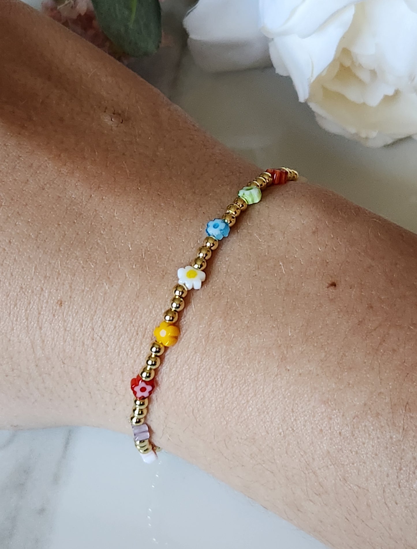 Gold Filled & Flower Beaded Stretch Bracelet